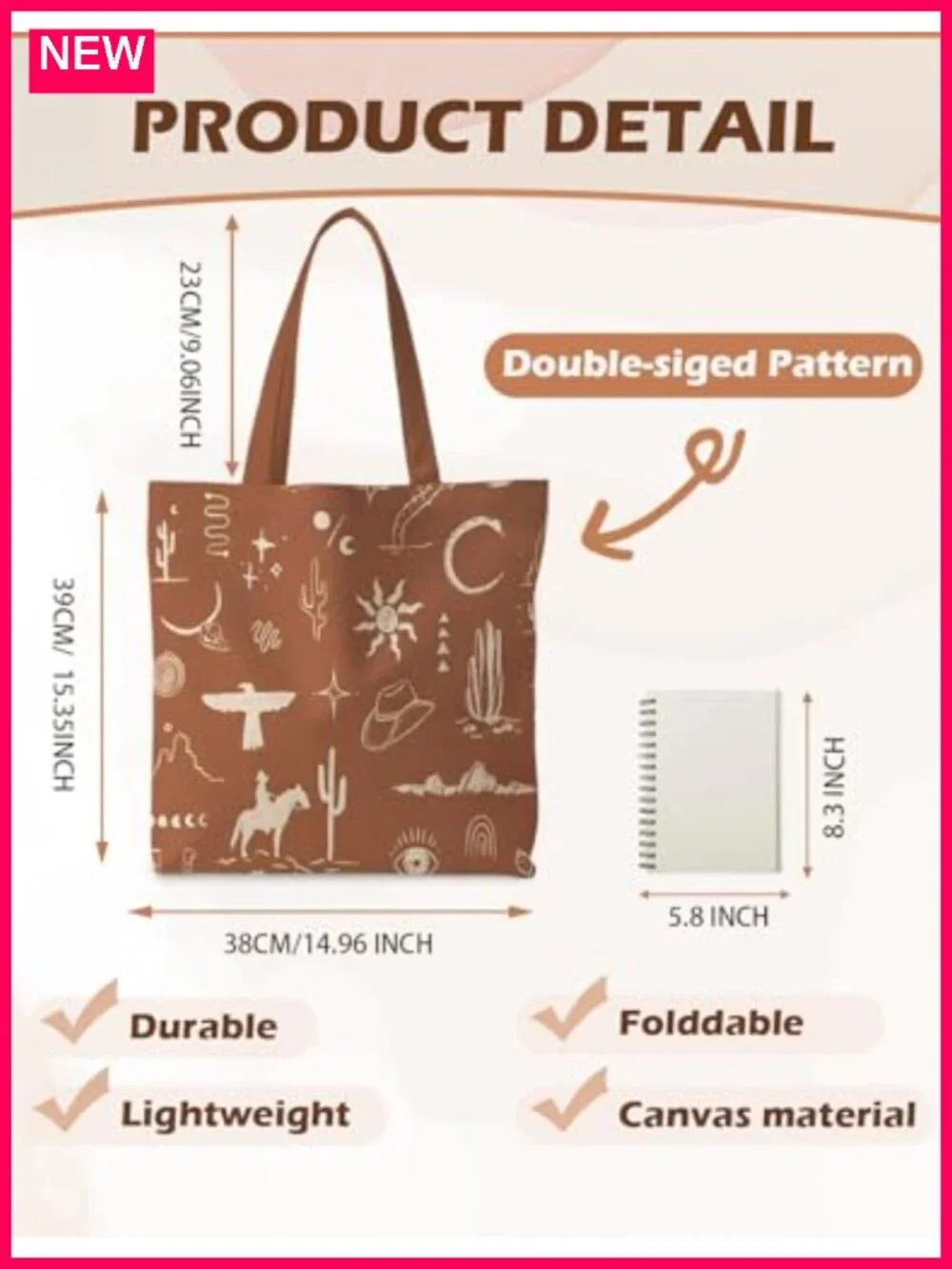 Canvas Tote Bag with Cowgirl Print, Reusable Grocery Tote
